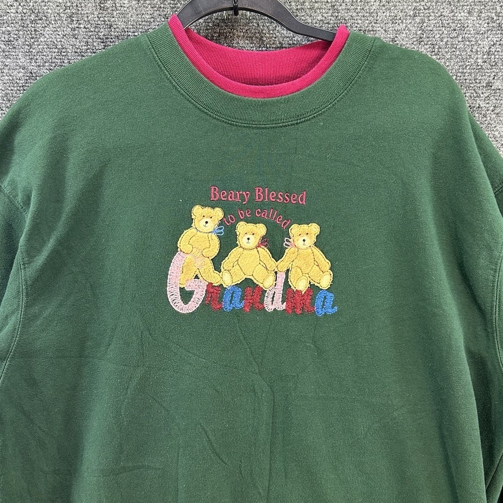 Vintage Beary Blessed Grandma Embroidered Bears Sweater 1X Green Cottagecore Y2K